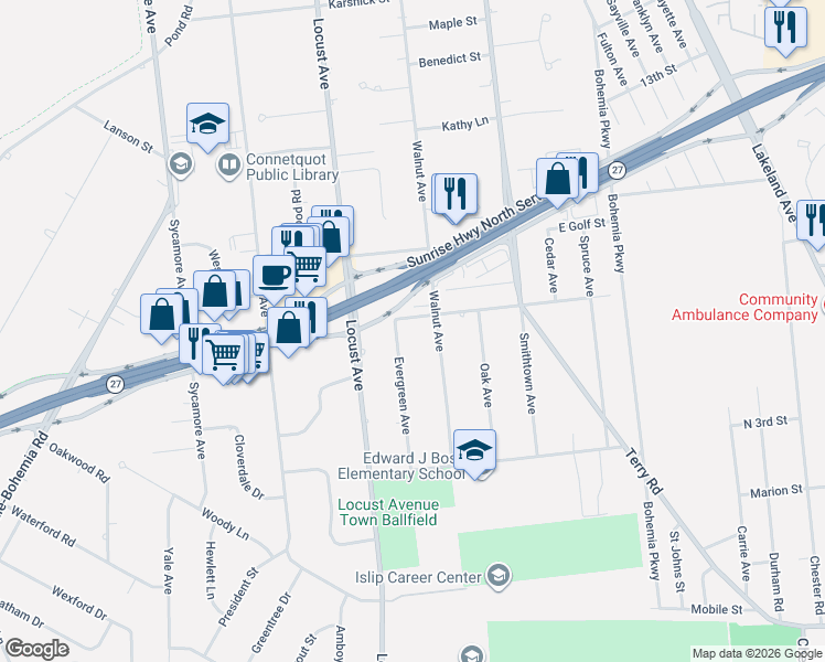 map of restaurants, bars, coffee shops, grocery stores, and more near 4720 Sunrise Highway South Service Road in Bohemia