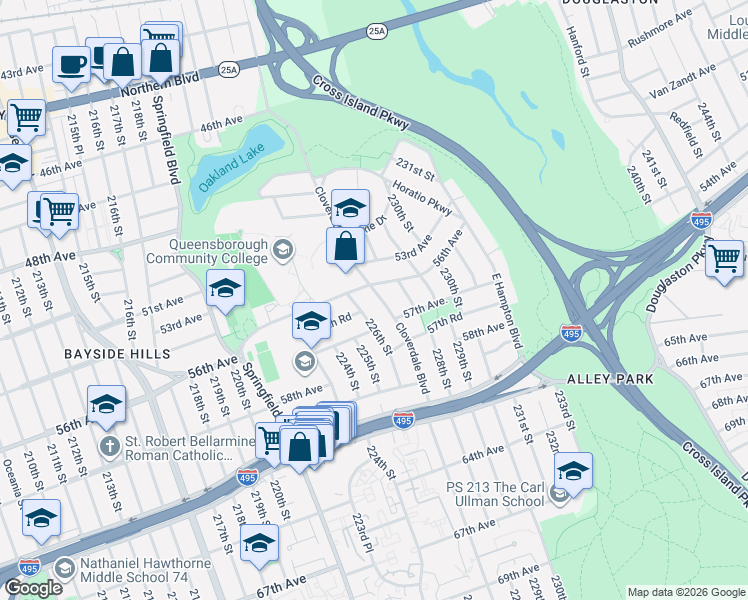 map of restaurants, bars, coffee shops, grocery stores, and more near 227-03 56th Avenue in Queens