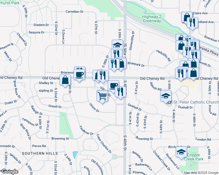 map of restaurants, bars, coffee shops, grocery stores, and more near 3800 Village Drive in Lincoln