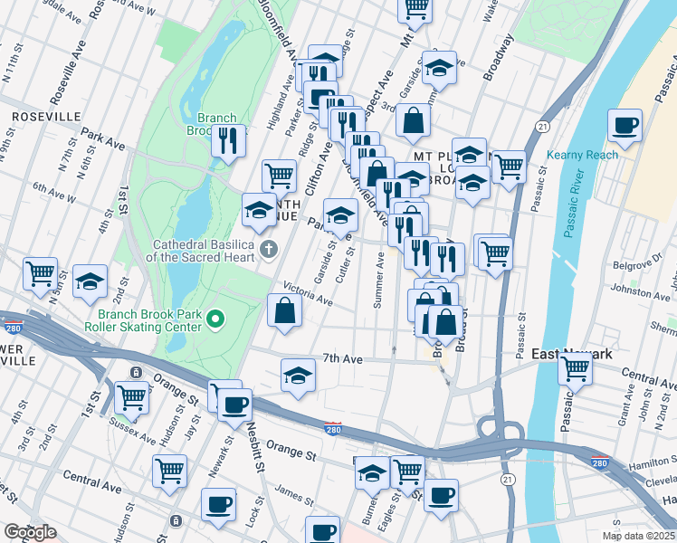 map of restaurants, bars, coffee shops, grocery stores, and more near 86 Cutler Street in Newark