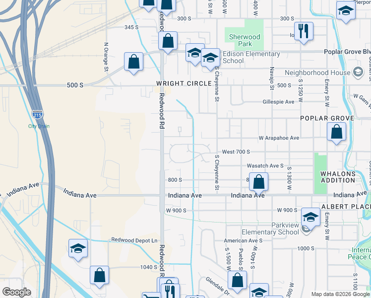 map of restaurants, bars, coffee shops, grocery stores, and more near 705 South Redwood Road in Salt Lake City
