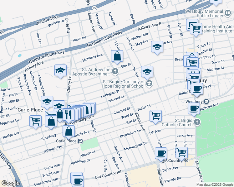 map of restaurants, bars, coffee shops, grocery stores, and more near 30 Aspinwall Street in Westbury