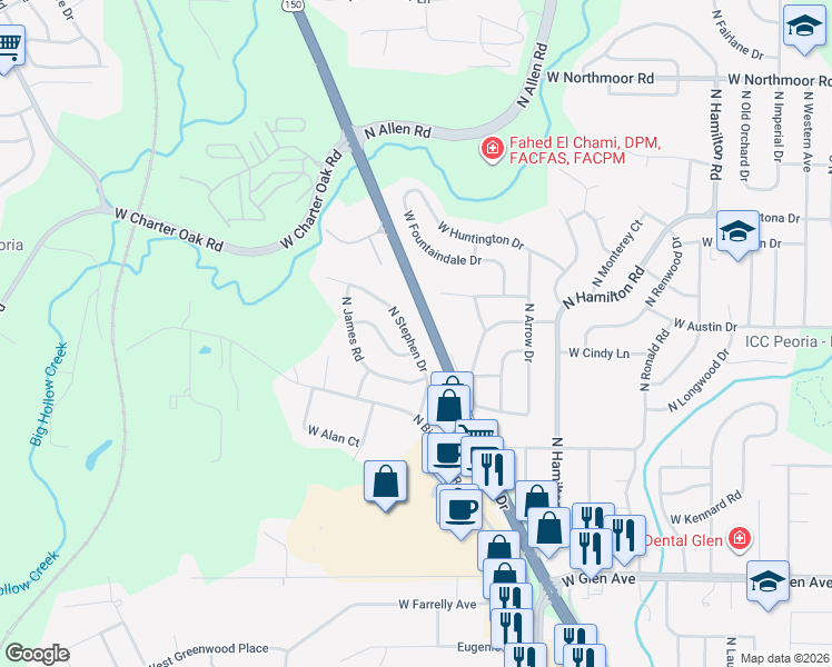 map of restaurants, bars, coffee shops, grocery stores, and more near 5504 North Stephen Drive in Peoria