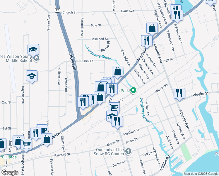 map of restaurants, bars, coffee shops, grocery stores, and more near 77 Montauk Highway in Blue Point