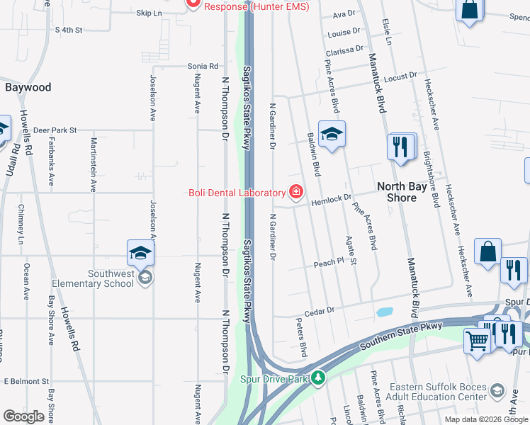 map of restaurants, bars, coffee shops, grocery stores, and more near 1570 North Gardiner Drive in Bay Shore