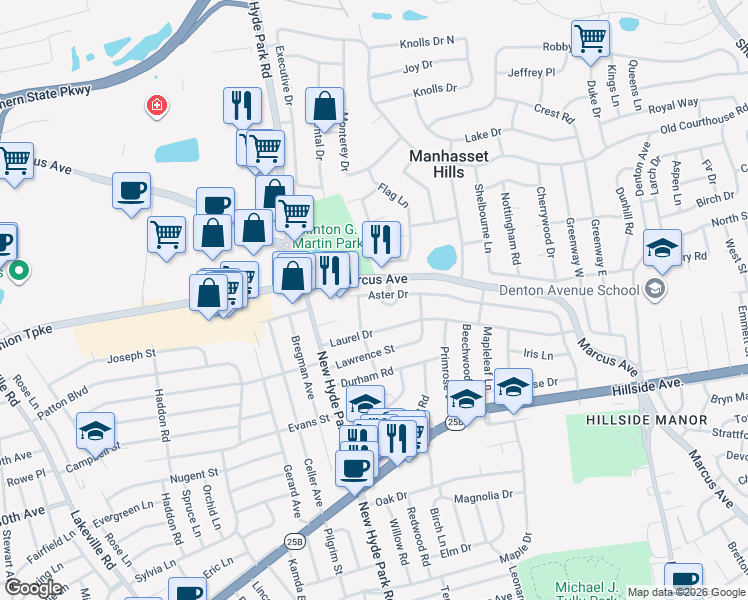 map of restaurants, bars, coffee shops, grocery stores, and more near 57 Country Village Lane in New Hyde Park