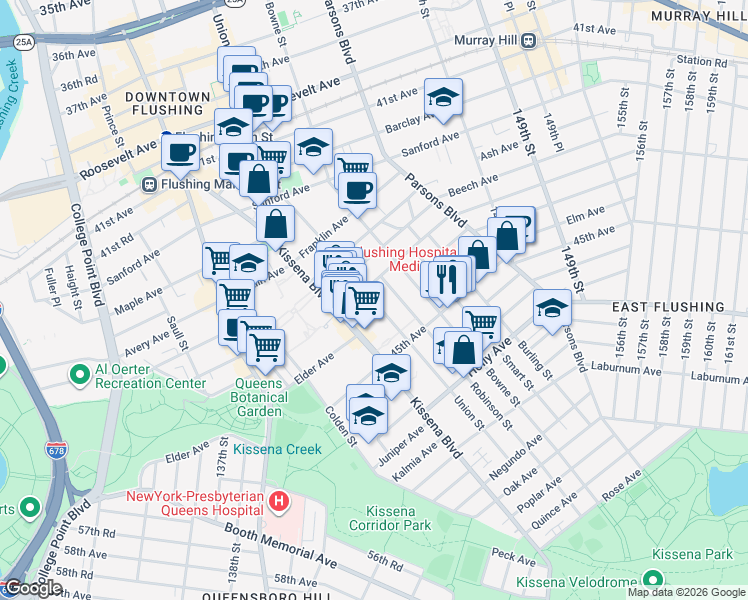 map of restaurants, bars, coffee shops, grocery stores, and more near 141-20 Cherry Avenue in Queens