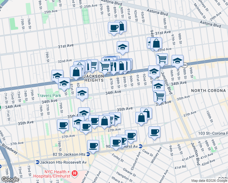 map of restaurants, bars, coffee shops, grocery stores, and more near 33-41 88th Street in Queens