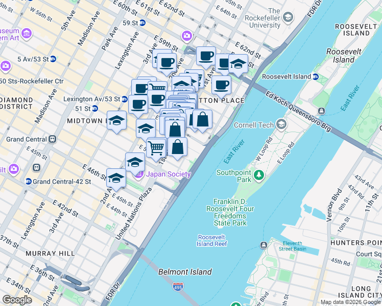 map of restaurants, bars, coffee shops, grocery stores, and more near 436 East 53rd Street in New York