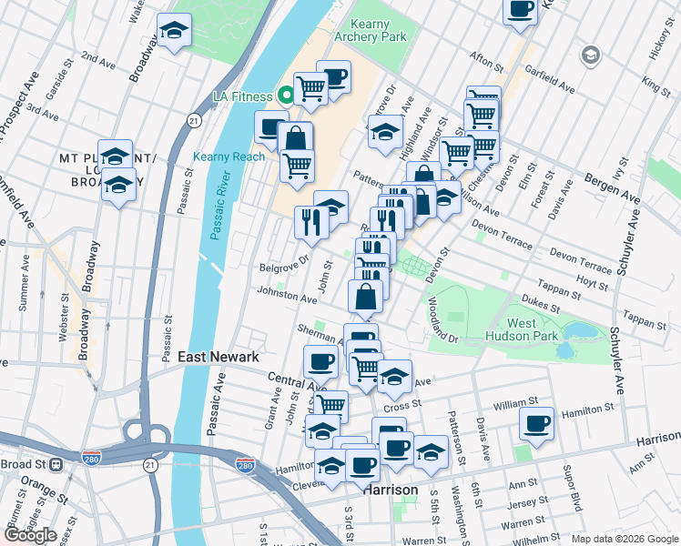 map of restaurants, bars, coffee shops, grocery stores, and more near 54 John Street in Kearny