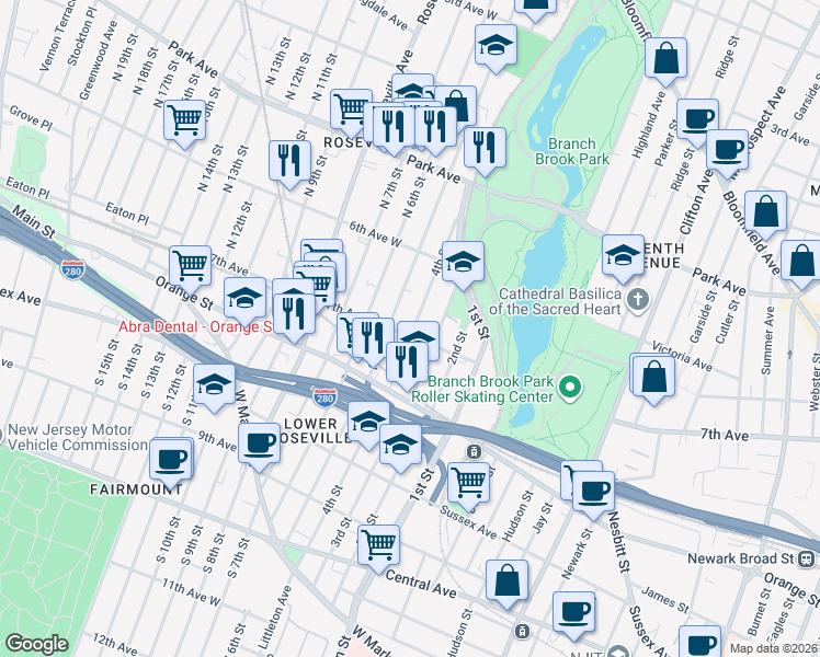 map of restaurants, bars, coffee shops, grocery stores, and more near 220 4th Street in Newark