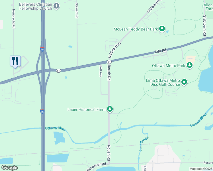 map of restaurants, bars, coffee shops, grocery stores, and more near 1125 Roush Road in Lima