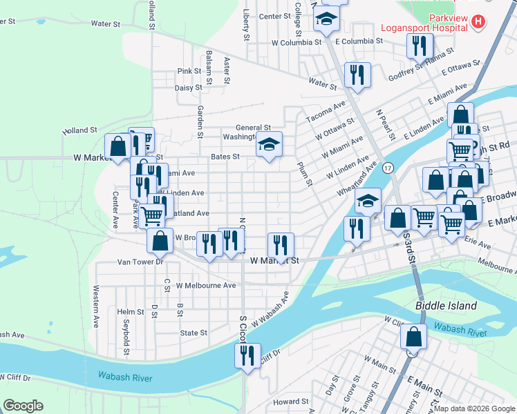map of restaurants, bars, coffee shops, grocery stores, and more near 500 West Linden Avenue in Logansport