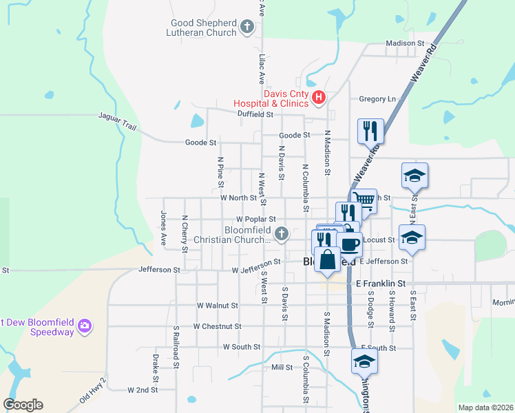 map of restaurants, bars, coffee shops, grocery stores, and more near 401-499 North West Street in Bloomfield