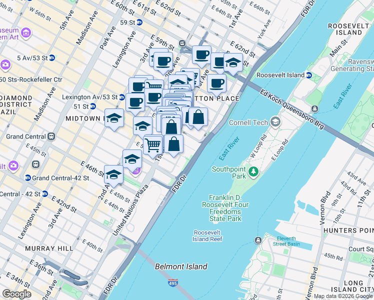 map of restaurants, bars, coffee shops, grocery stores, and more near 434 East 52nd Street in New York