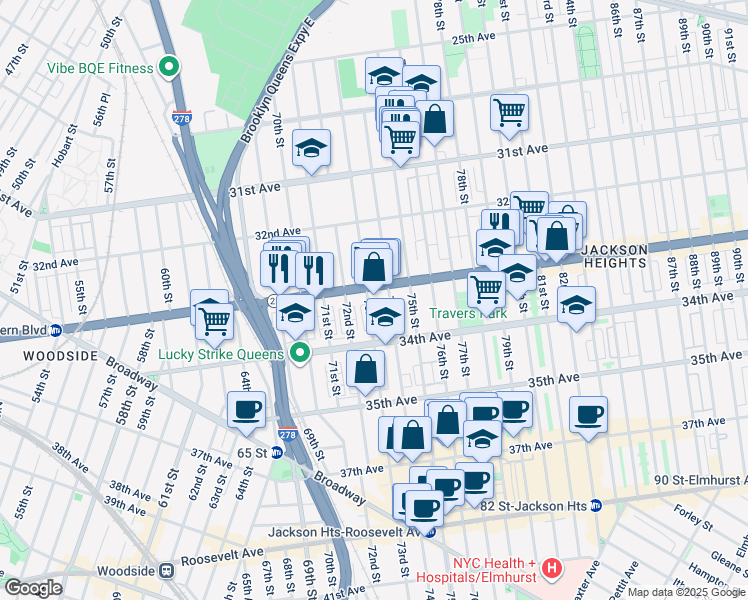 map of restaurants, bars, coffee shops, grocery stores, and more near 33-11 73rd Street in Queens