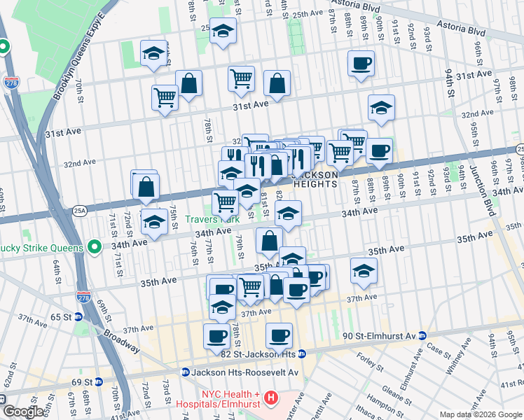 map of restaurants, bars, coffee shops, grocery stores, and more near 33-36 81st Street in Queens