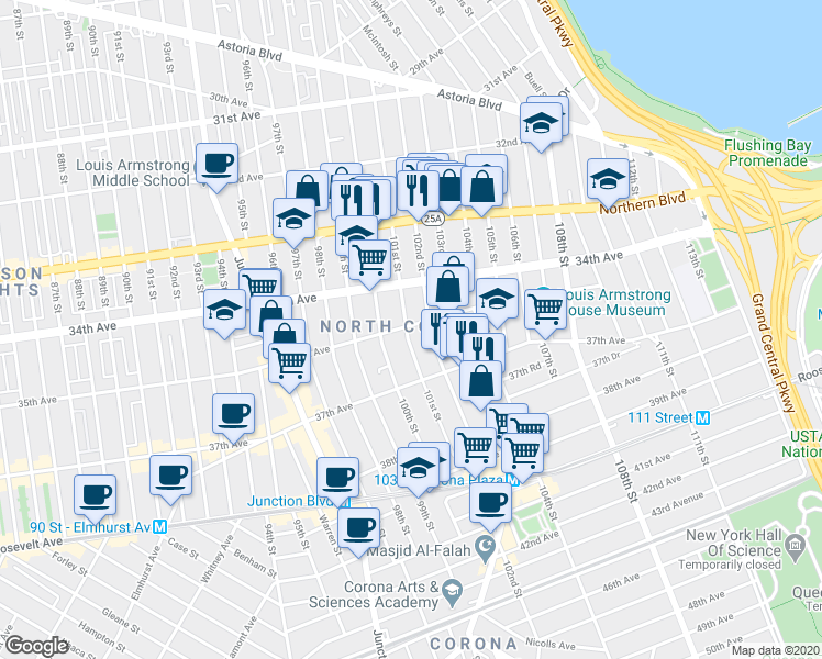 map of restaurants, bars, coffee shops, grocery stores, and more near 35-01 101st Street in Queens
