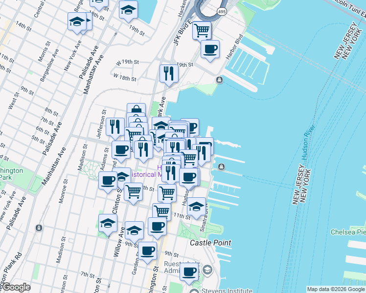 map of restaurants, bars, coffee shops, grocery stores, and more near 1500 Washington Street in Hoboken