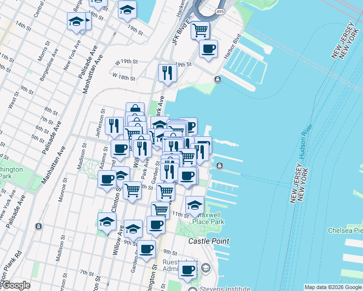 map of restaurants, bars, coffee shops, grocery stores, and more near 1500 Garden Street in Hoboken