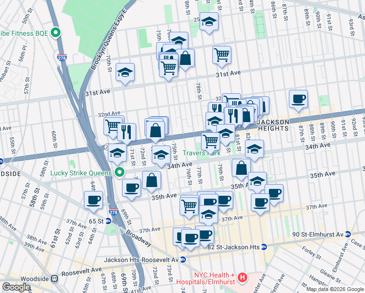 map of restaurants, bars, coffee shops, grocery stores, and more near 7509 Northern Boulevard in Queens