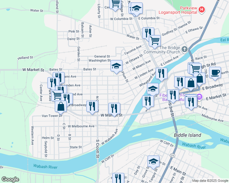 map of restaurants, bars, coffee shops, grocery stores, and more near 400 West Linden Avenue in Logansport