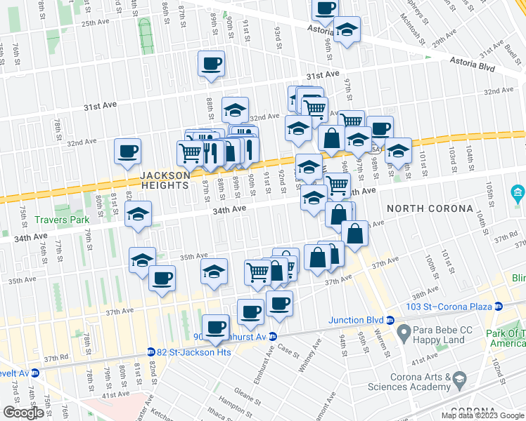 map of restaurants, bars, coffee shops, grocery stores, and more near 3347 91st Street in Queens