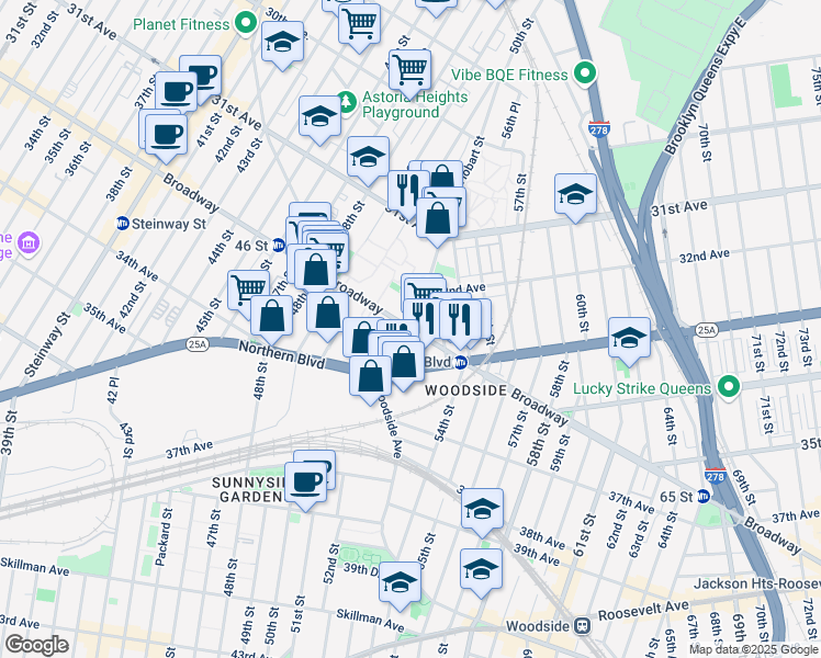 map of restaurants, bars, coffee shops, grocery stores, and more near Broadway & 51st Street in Queens