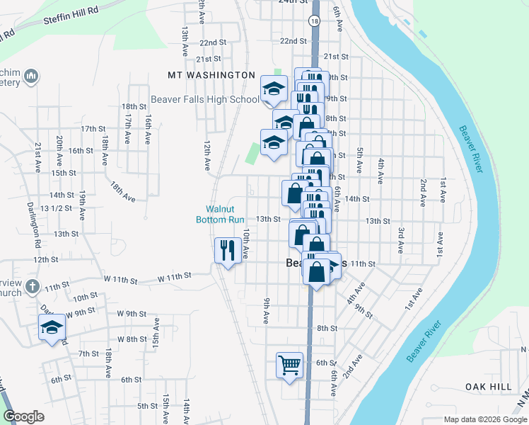 map of restaurants, bars, coffee shops, grocery stores, and more near 1366 9th Avenue in Beaver Falls