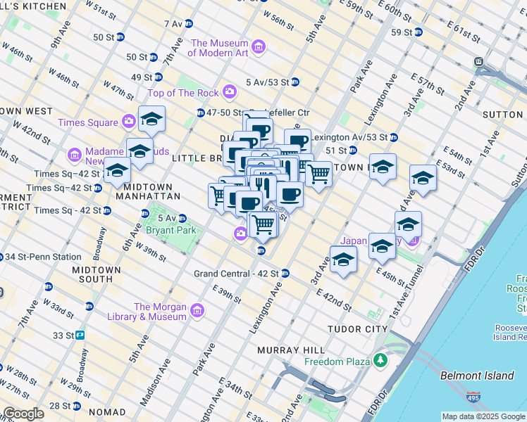 map of restaurants, bars, coffee shops, grocery stores, and more near 375 Madison Avenue in New York