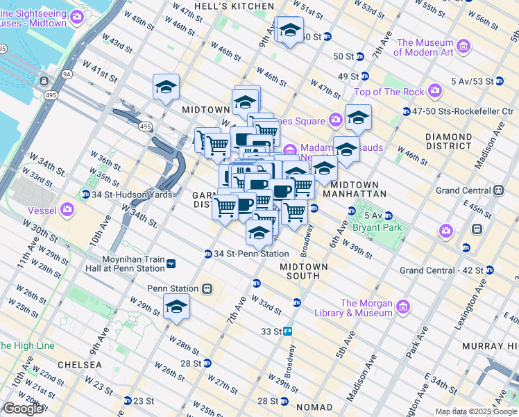 map of restaurants, bars, coffee shops, grocery stores, and more near 250 West 39th Street in New York