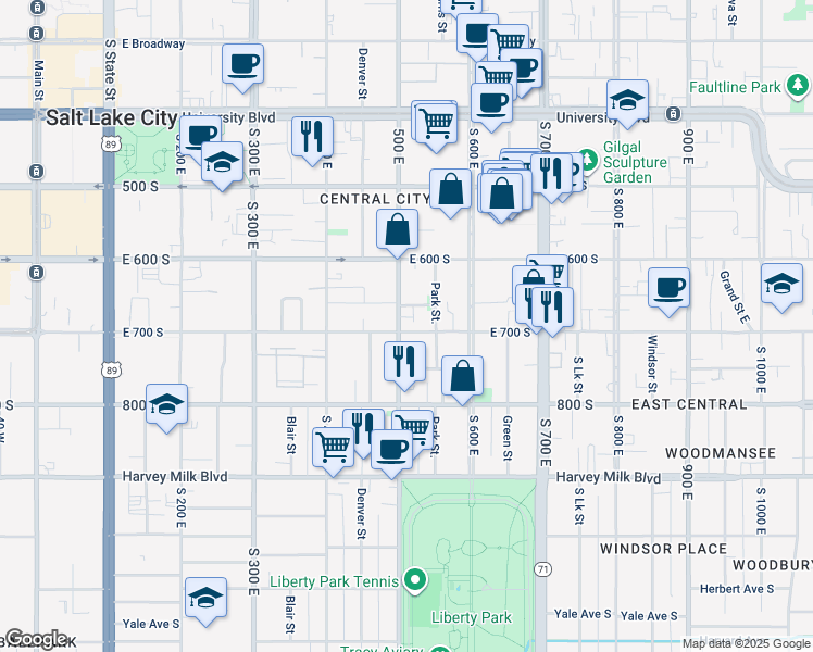 map of restaurants, bars, coffee shops, grocery stores, and more near 523 Gallacher Place South in Salt Lake City