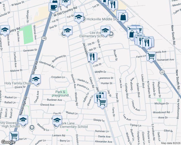 map of restaurants, bars, coffee shops, grocery stores, and more near 57 Salem Road in Hicksville