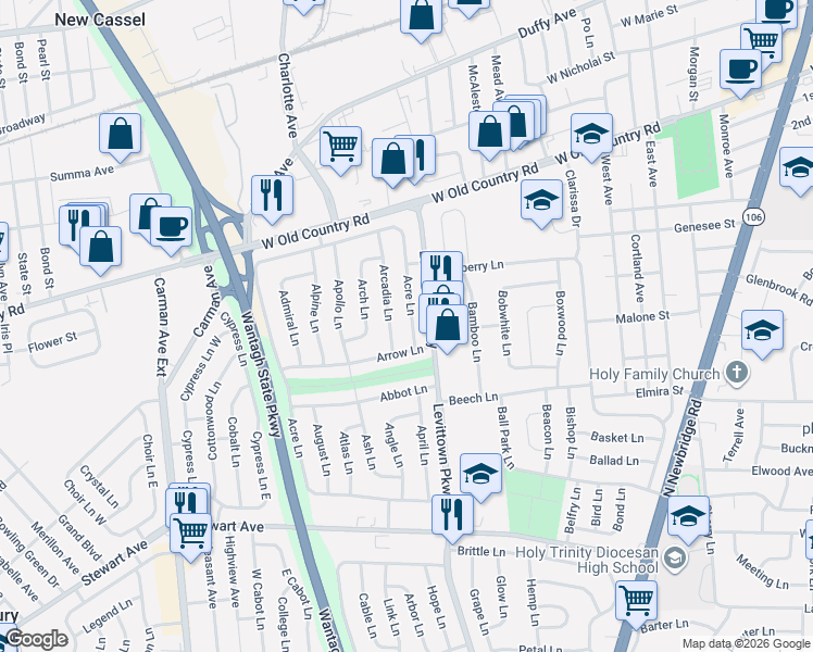 map of restaurants, bars, coffee shops, grocery stores, and more near 27 Acre Lane in Hicksville