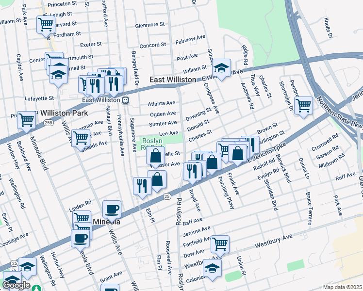 map of restaurants, bars, coffee shops, grocery stores, and more near 49 Lee Avenue in East Williston