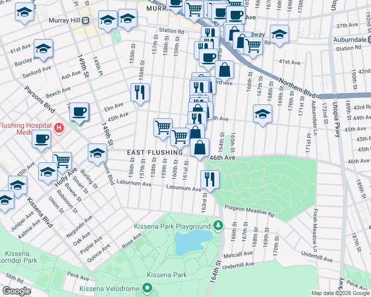 map of restaurants, bars, coffee shops, grocery stores, and more near 45-54 161 Street in Queens
