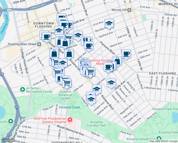 map of restaurants, bars, coffee shops, grocery stores, and more near 140-22 Beech Avenue in Queens