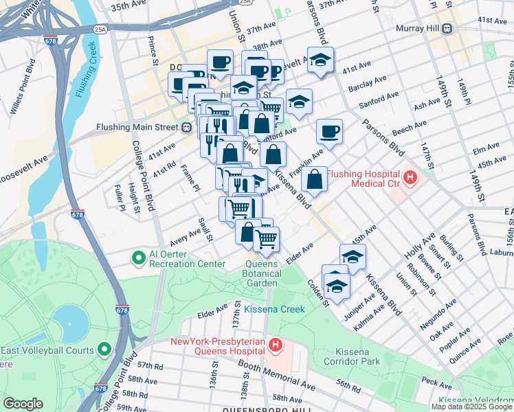 map of restaurants, bars, coffee shops, grocery stores, and more near 137-05 Franklin Avenue in Queens