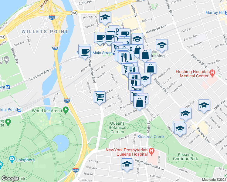 map of restaurants, bars, coffee shops, grocery stores, and more near 134-21 Maple Avenue in Queens