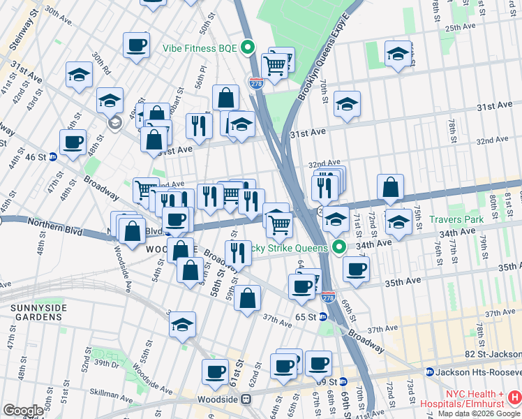 map of restaurants, bars, coffee shops, grocery stores, and more near 32-33 60th Street in Queens