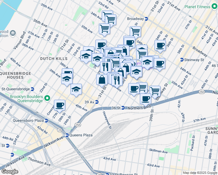map of restaurants, bars, coffee shops, grocery stores, and more near 31-07 37th Avenue in Queens