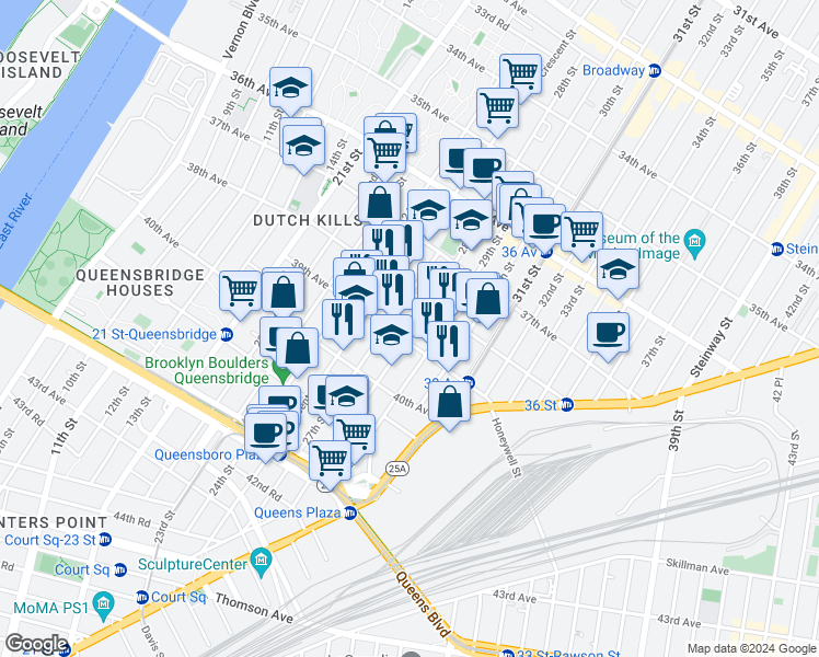 map of restaurants, bars, coffee shops, grocery stores, and more near 38-07 27th Street in Queens