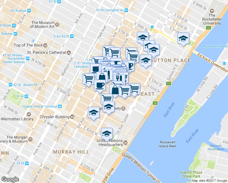 map of restaurants, bars, coffee shops, grocery stores, and more near 234 East 50th Street in New York