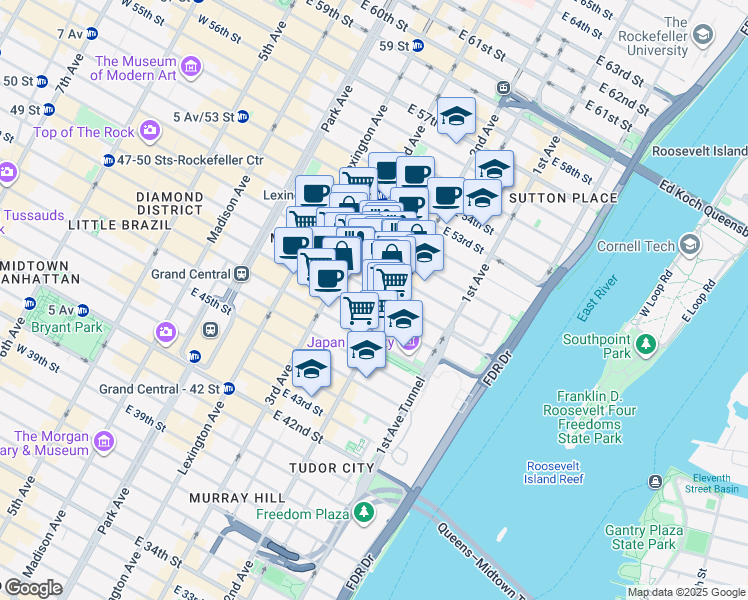 map of restaurants, bars, coffee shops, grocery stores, and more near 234 East 50th Street in New York