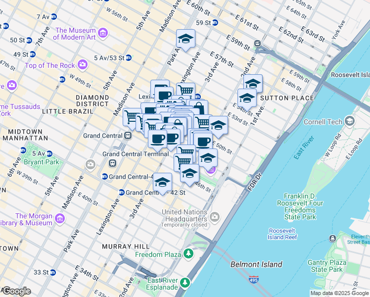 map of restaurants, bars, coffee shops, grocery stores, and more near 199 East 49th Street in New York