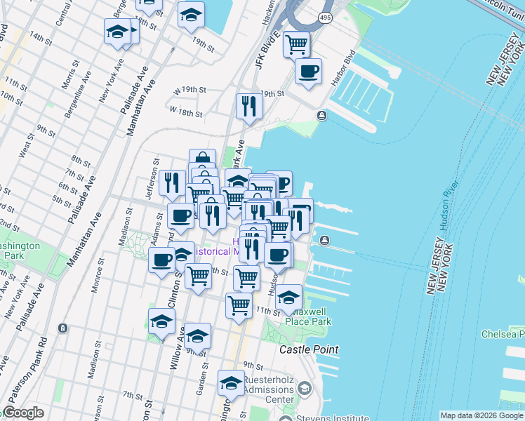 map of restaurants, bars, coffee shops, grocery stores, and more near 1500 Garden Street in Hoboken