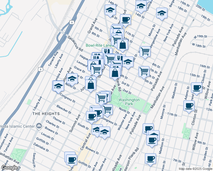 map of restaurants, bars, coffee shops, grocery stores, and more near 23 Leonard Street in Jersey City