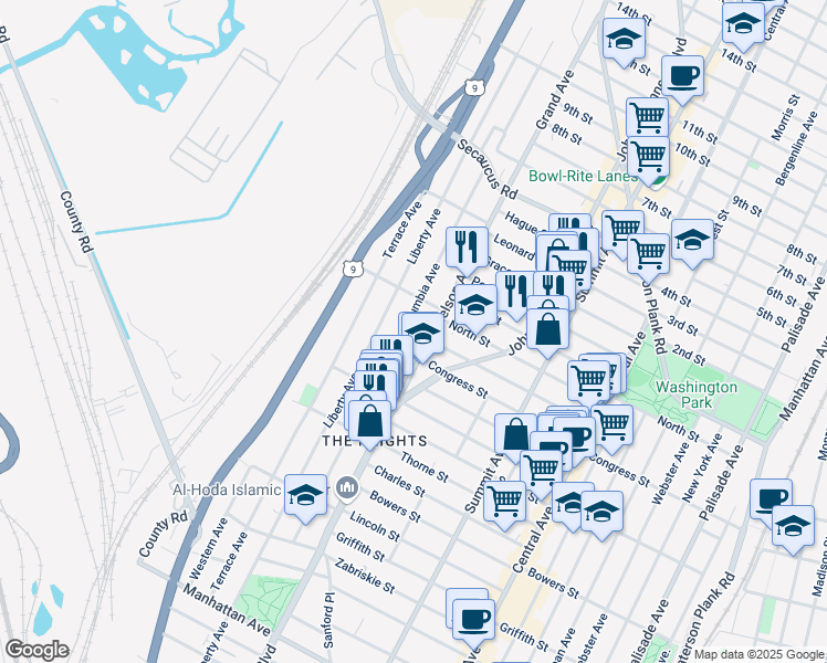 map of restaurants, bars, coffee shops, grocery stores, and more near 208 Columbia Avenue in Jersey City