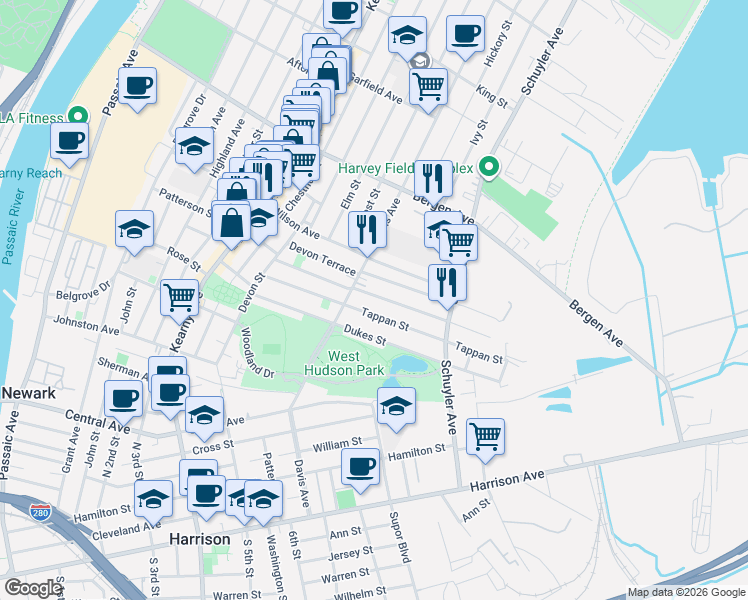 map of restaurants, bars, coffee shops, grocery stores, and more near 228 Wilson Avenue in Kearny