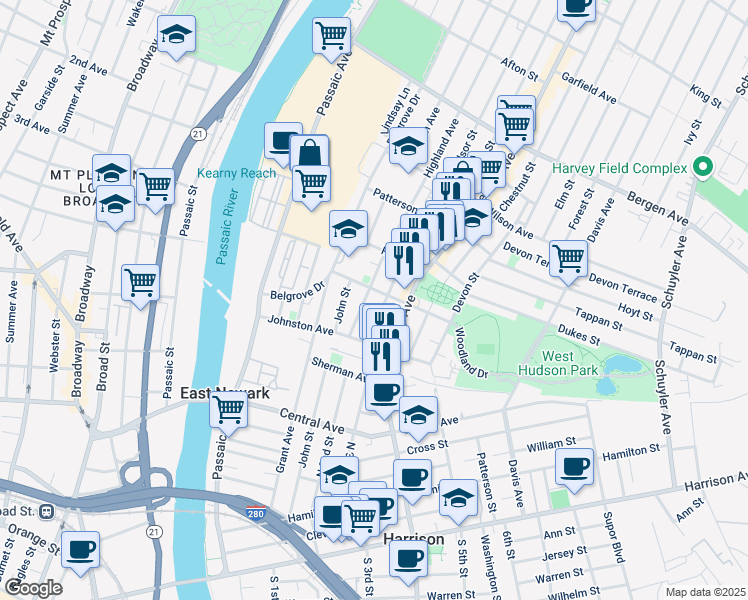 map of restaurants, bars, coffee shops, grocery stores, and more near 54 John Street in Kearny